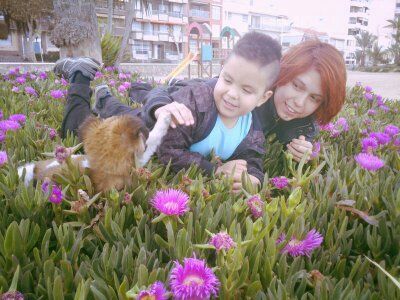 Mis hermanos y el perro tumbados en las jardineras del paseo