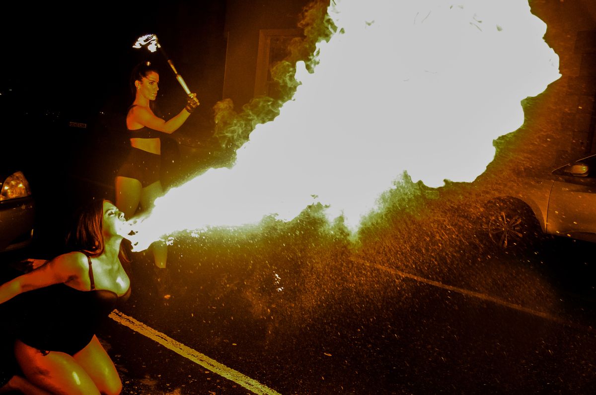 Fire breather outside Pure Nightclub in Sligo