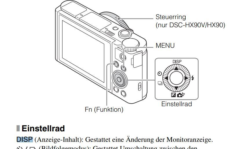 Der Auszug aus der Anleitung über die DISP-Taste.